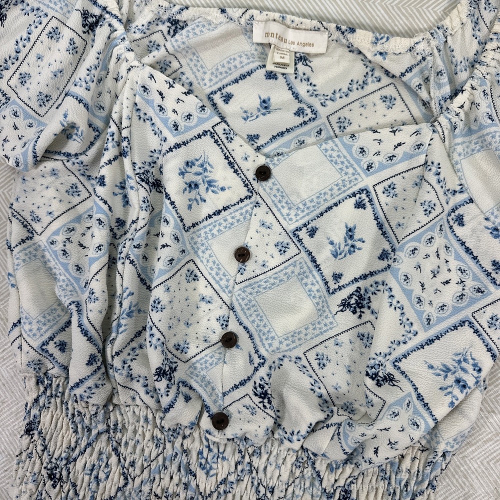 Monteau Los‎ Angeles Women's Blue Babydoll Crop Handkerchief Smocked Y2K Country